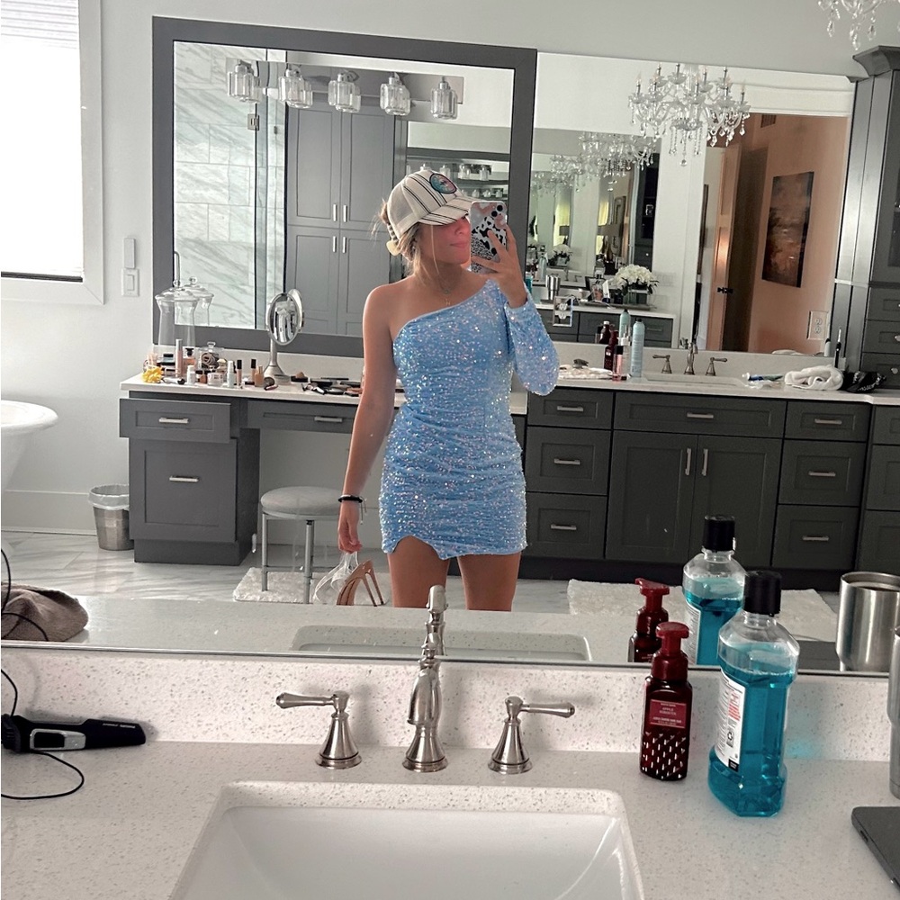 Blue One-Shoulder Hoco Dress